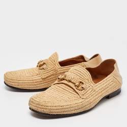 Gucci Beige Leather and Raffia Jordaan Loafers Size 42