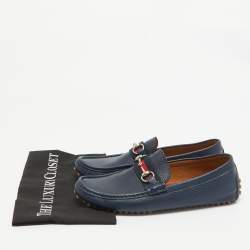 Pre Owned Gucci Blue Leather Web Horsebit Loafers Size 42