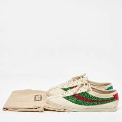 Gucci White Glitter and Leather Falacer Lace Up Sneakers Size 43
