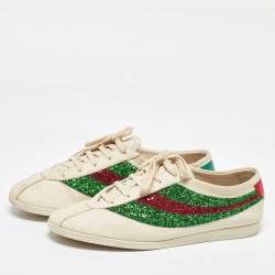 Gucci White Glitter and Leather Falacer Lace Up Sneakers Size 43
