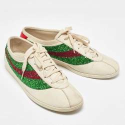 Gucci White Glitter and Leather Falacer Lace Up Sneakers Size 43