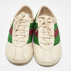 Gucci White Glitter and Leather Falacer Lace Up Sneakers Size 43