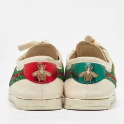 Gucci White Glitter and Leather Falacer Lace Up Sneakers Size 43