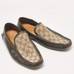 Gucci Brown/Beige Canvas And Leather Slip On Loafers Size 43.5