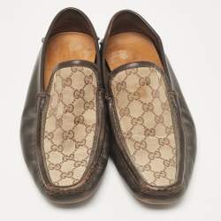 Gucci Brown/Beige Canvas And Leather Slip On Loafers Size 43.5
