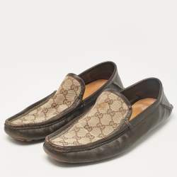 Gucci Brown/Beige Canvas And Leather Slip On Loafers Size 43.5