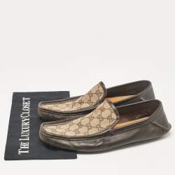 Gucci Brown/Beige Canvas And Leather Slip On Loafers Size 43.5