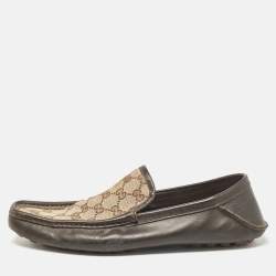 Gucci Brown/Beige Canvas And Leather Slip On Loafers Size 43.5