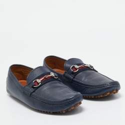 Pre Owned Gucci Navy Blue Leather Horsebit Loafers Size 42.5