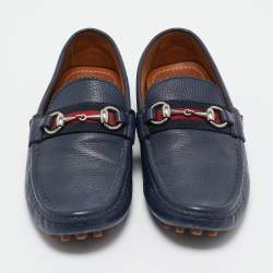 Pre Owned Gucci Navy Blue Leather Horsebit Loafers Size 42.5