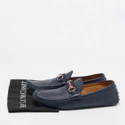 Pre Owned Gucci Navy Blue Leather Horsebit Loafers Size 42.5