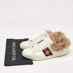 Gucci White Fur and Leather Ace Low Top Sneakers Size 40