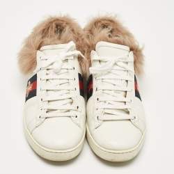 Gucci White Fur and Leather Ace Low Top Sneakers Size 40