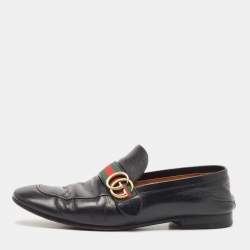 Gucci Black Leather GG Marmont Loafers Size 44