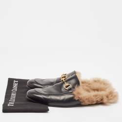 Gucci Black Fur and Leather Princetown Mules Size 43