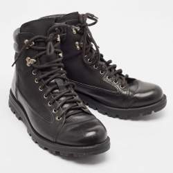 Pre Owned Gucci Black Leather and Mesh Combat Boots Size 43.5