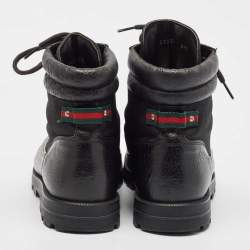 Pre Owned Gucci Black Leather and Mesh Combat Boots Size 43.5