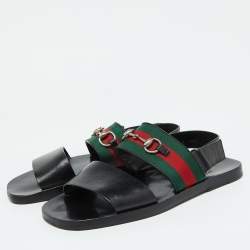 Pre Owned Gucci Black Leather Horsebit Web Flat Sandals Size 42