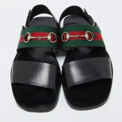 Pre Owned Gucci Black Leather Horsebit Web Flat Sandals Size 42