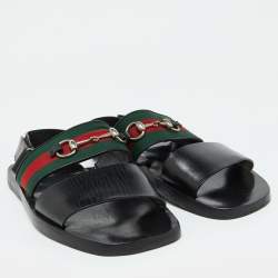 Pre Owned Gucci Black Leather Horsebit Web Flat Sandals Size 42