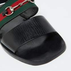 Pre Owned Gucci Black Leather Horsebit Web Flat Sandals Size 42