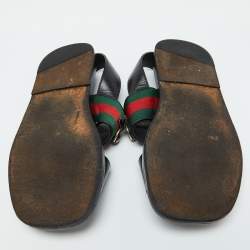 Pre Owned Gucci Black Leather Horsebit Web Flat Sandals Size 42