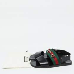Pre Owned Gucci Black Leather Horsebit Web Flat Sandals Size 42