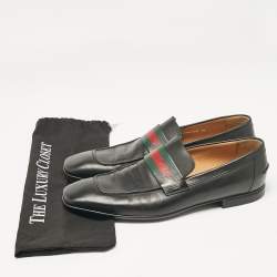 Pre Owned  Change the title to Gucci Black Leather Web Slip On Loafers Size 44