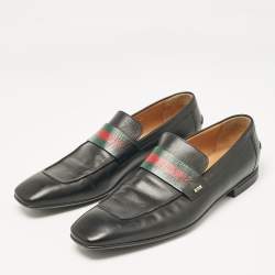 Pre Owned  Change the title to Gucci Black Leather Web Slip On Loafers Size 44
