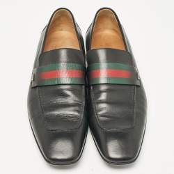 Pre Owned  Change the title to Gucci Black Leather Web Slip On Loafers Size 44