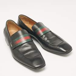 Pre Owned  Change the title to Gucci Black Leather Web Slip On Loafers Size 44