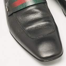 Pre Owned  Change the title to Gucci Black Leather Web Slip On Loafers Size 44