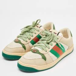 Gucci Grey/Green Leather and Nubuck Leather Screener Lace Up Sneakers Size 39.5