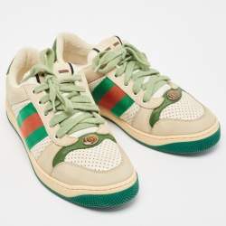 Gucci Grey/Green Leather and Nubuck Leather Screener Lace Up Sneakers Size 39.5
