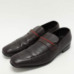 Pre Owned Gucci Brown Leather Web Detail Loafers Size 43