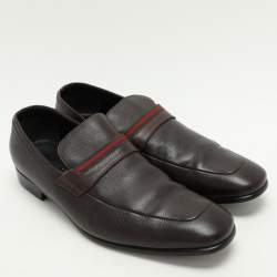 Pre Owned Gucci Brown Leather Web Detail Loafers Size 43