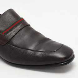 Pre Owned Gucci Brown Leather Web Detail Loafers Size 43
