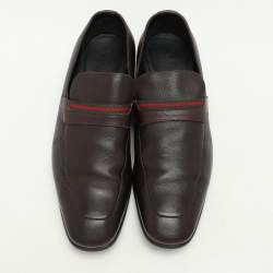 Pre Owned Gucci Brown Leather Web Detail Loafers Size 43