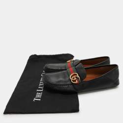 Gucci Black Leather Web GG Marmont Loafers Size 42