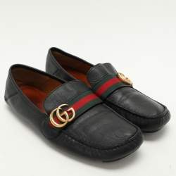 Gucci Black Leather Web GG Marmont Loafers Size 42