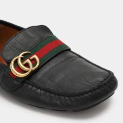 Gucci Black Leather Web GG Marmont Loafers Size 42