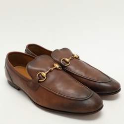 Pre Owned Gucci Brown Leather GG Jordaan Loafers Size 43