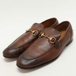 Pre Owned Gucci Brown Leather GG Jordaan Loafers Size 43