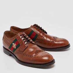 Pre Owned Gucci Brown Leather Bee Embroidered Brogue Derby Size 44