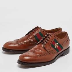 Pre Owned Gucci Brown Leather Bee Embroidered Brogue Derby Size 44