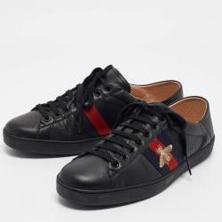 Gucci Black Leather Embroidered Bee Ace Sneakers Size 44