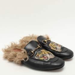 Gucci Black Leather Princetown Fur Lined Horsebit Mules Size 44