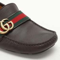 Gucci Brown Leather Web Marmont Driver Loafers Size 40