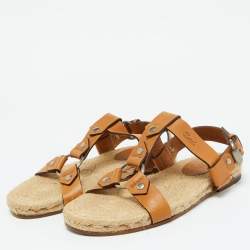 Gucci Tan Leather Ankle Strap Espadrille Flat Sandals Size 40.5