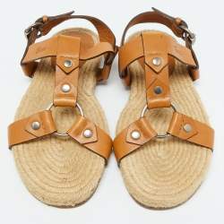 Gucci Tan Leather Ankle Strap Espadrille Flat Sandals Size 40.5